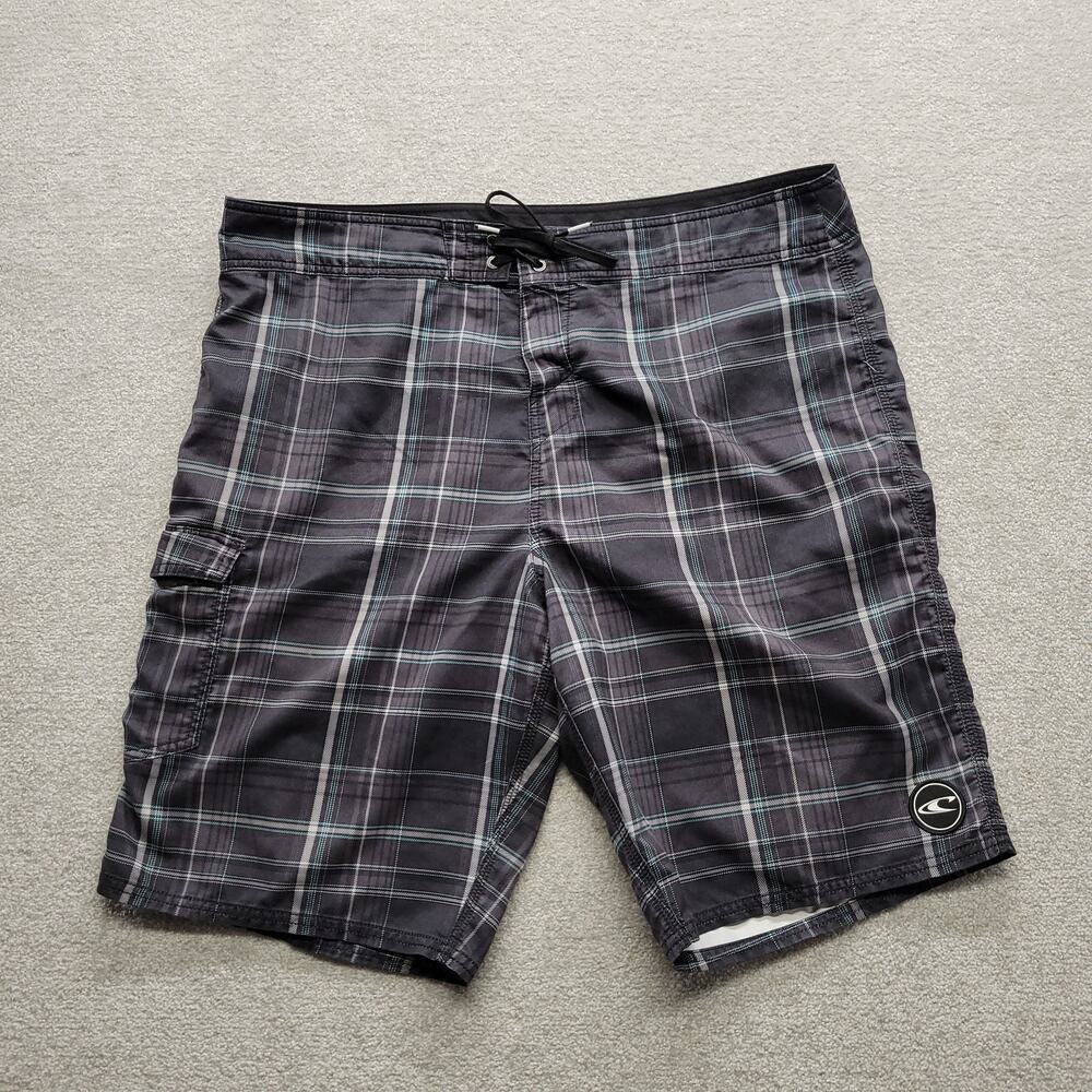 O'Neill Board Shorts Mens 38 Black Gray Plaid Surf Swim Trunks Cargo Pocket